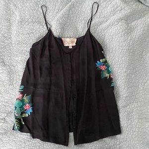 Rory Beca black silk tank with tropical flower print and snap front